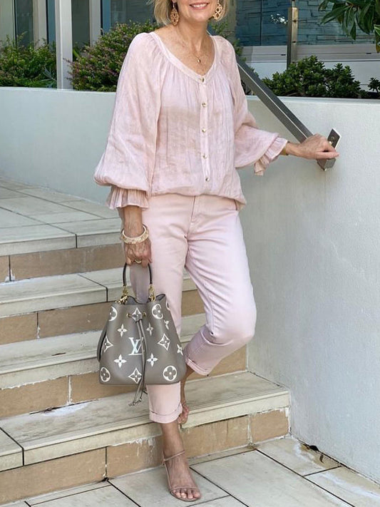 Special Collar Ruffled Sleeves Buttoned Shirt Casual Two-piece Suits