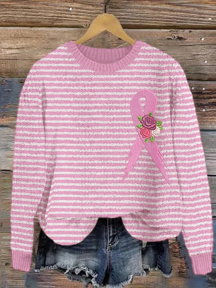Women's Pink Ribbon Stripe Print Casual Sweater