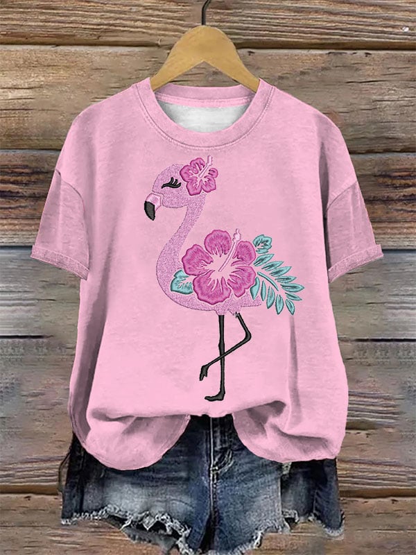 Women's Breast Cancer Awareness Pink Art Flamingo Print T-Shirt