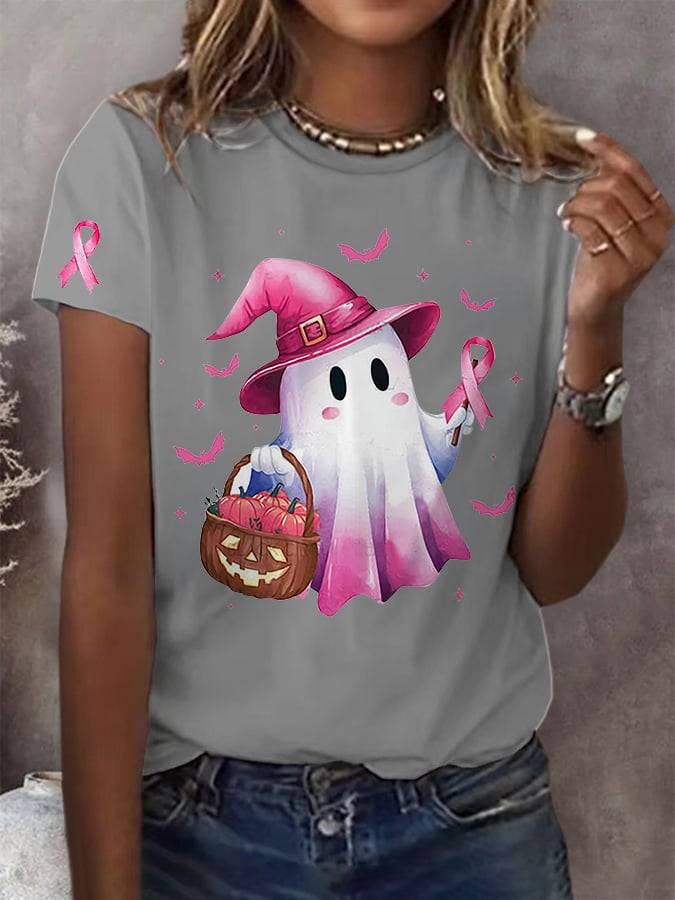 Women'S Boo To Cancer Pink Printed T-Shirt