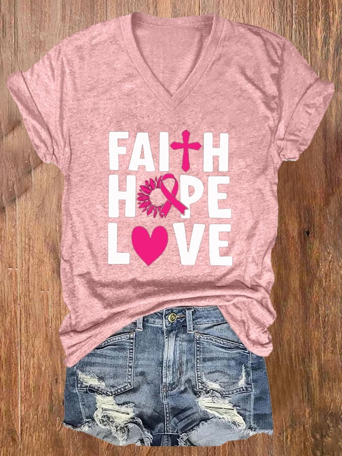 Women'S Breast Cancer Awareness Faith Hope Love Printed T-Shirt