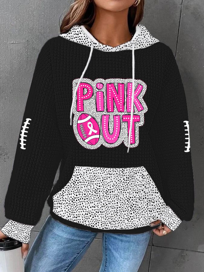 Women's Pink Out Football Breast Cancer Print Waffle Hooded Sweatshirt