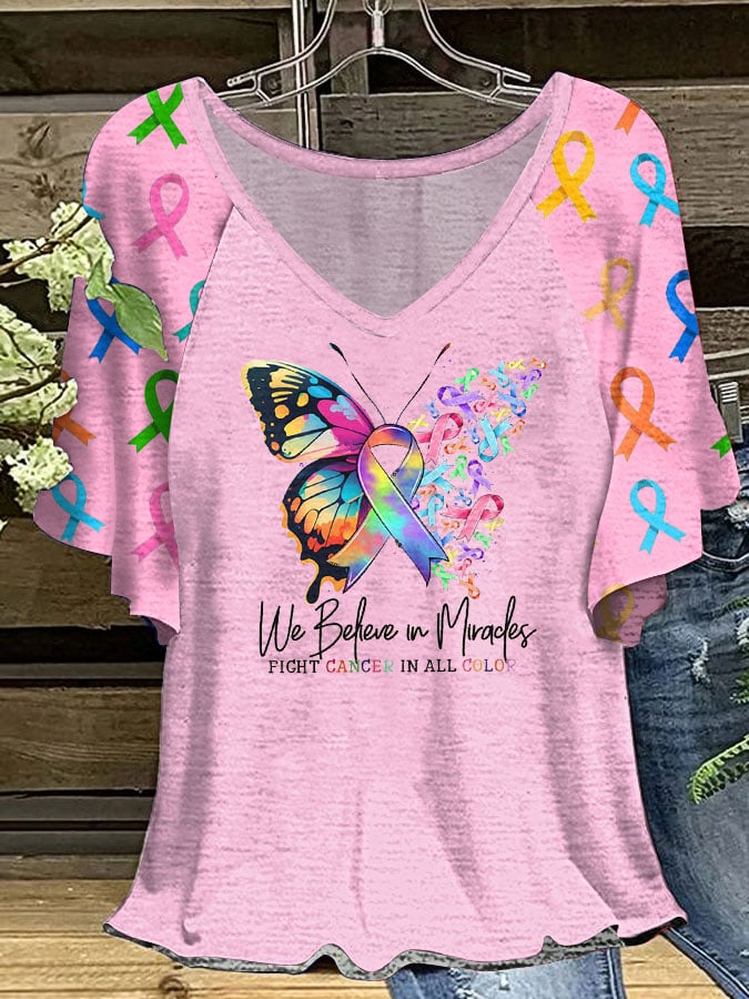 Women's Fight Cancer In All Colors Ruffle Sleeve T-Shirt