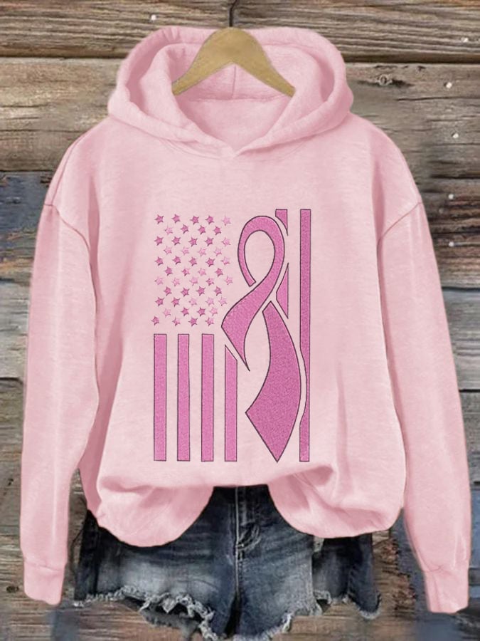 Women's USA Flag Pink Ribbon Breast Cancer Awareness Print Hoodie