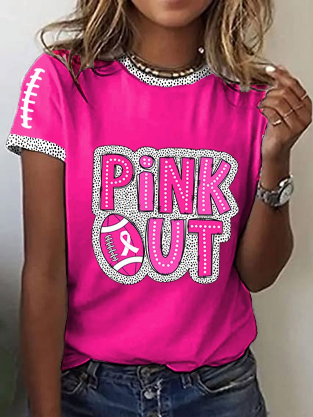 Women's Pink Out Football Breast Cancer Print T-Shirt
