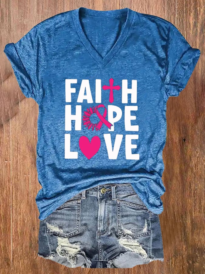 Women'S Breast Cancer Awareness Faith Hope Love Printed T-Shirt