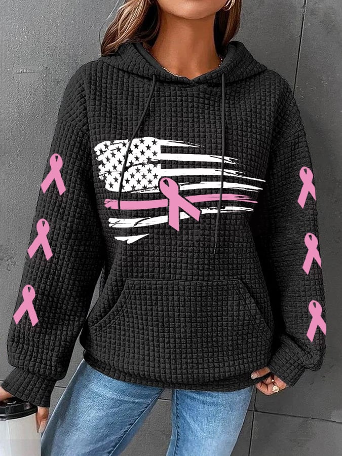 Women's Pink Ribbon American Flag Breast Cancer Awareness Warrior Waffle Hoodie