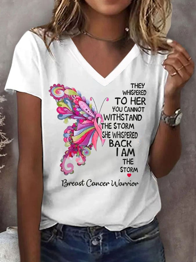 Women's Pink Butterfly I Am The Storm Breast Cancer Warrior Print V-Neck T-Shirt
